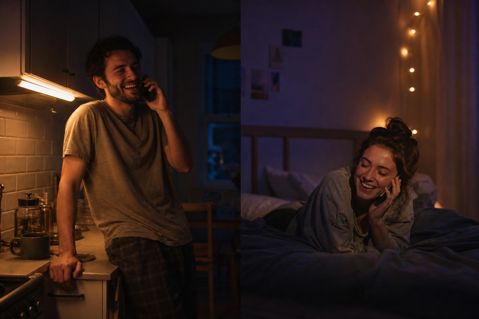 A man and a woman in their own apartments, both smiling on the same phone call