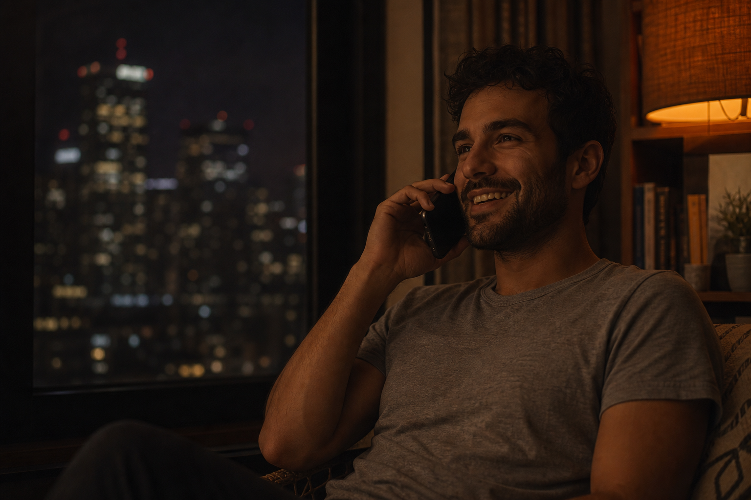 Man smiling on a phone call by a city window at night