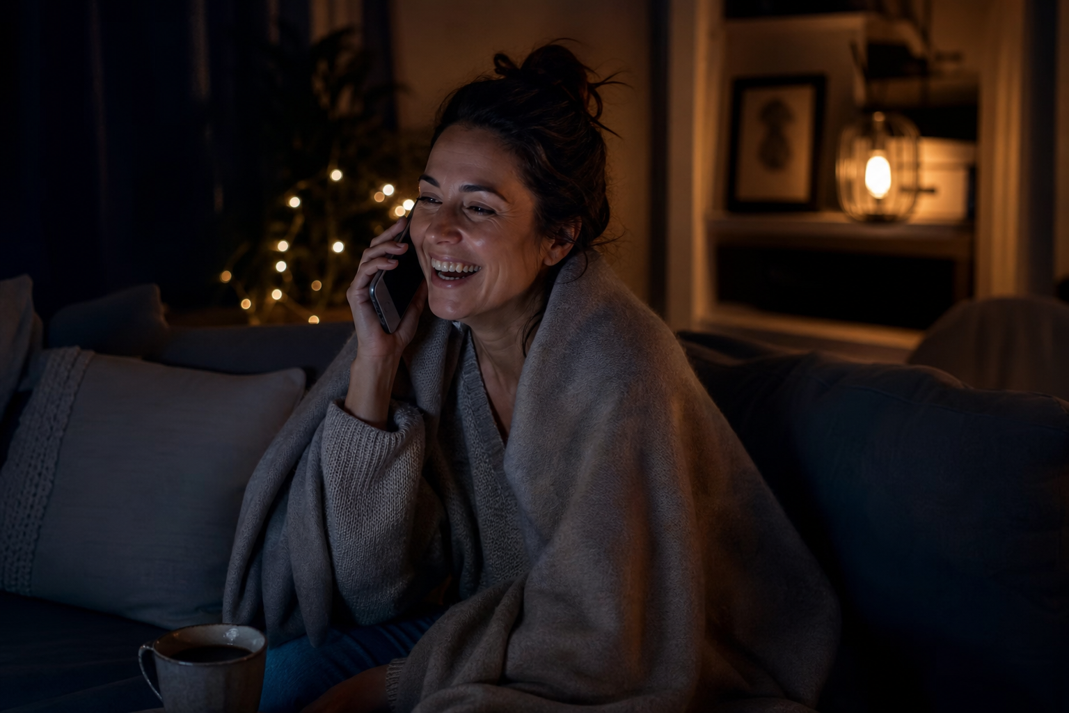 Woman relaxing with a drink, smiling on a phone call