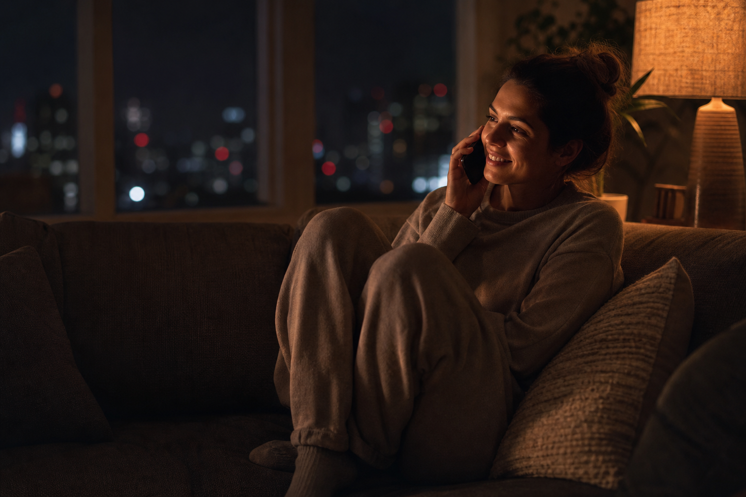 Woman smiling on a late night phone call in a dimly lit apartment